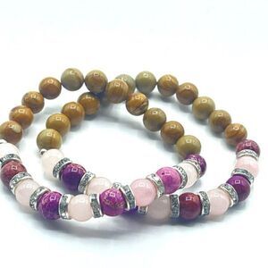 Rose quartz rose imperial jasper wood grain beaded stretch bracelet ONE NEW crys